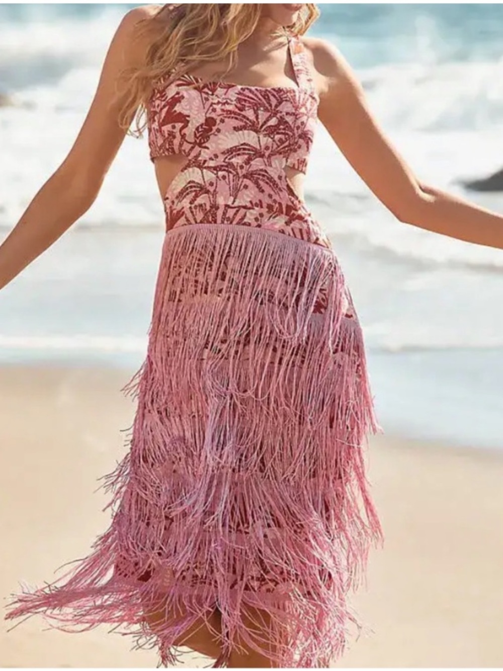 Celandine | Anthropologie Linen Fringe Column Midi Dress in Purple Pattern NWT